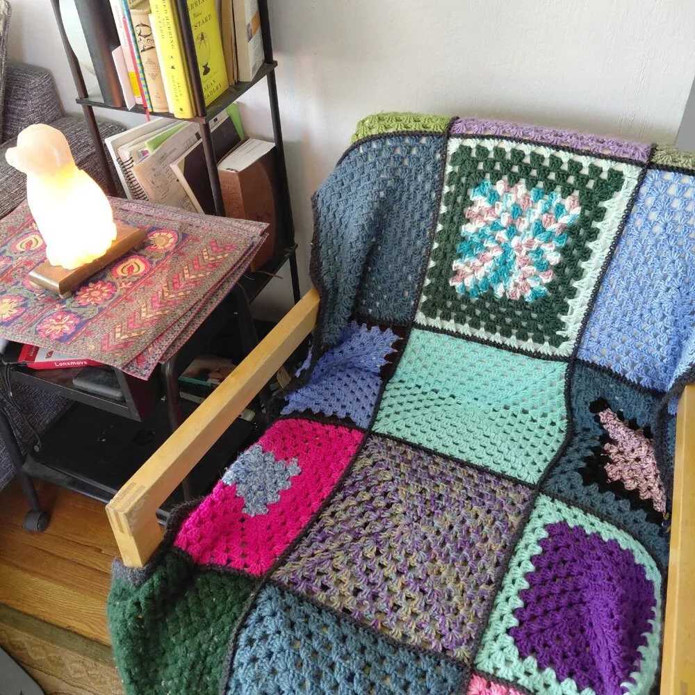 Vintage 70s Crochet Granny Square Panels Handmade Afghan Blanket Retro Boho